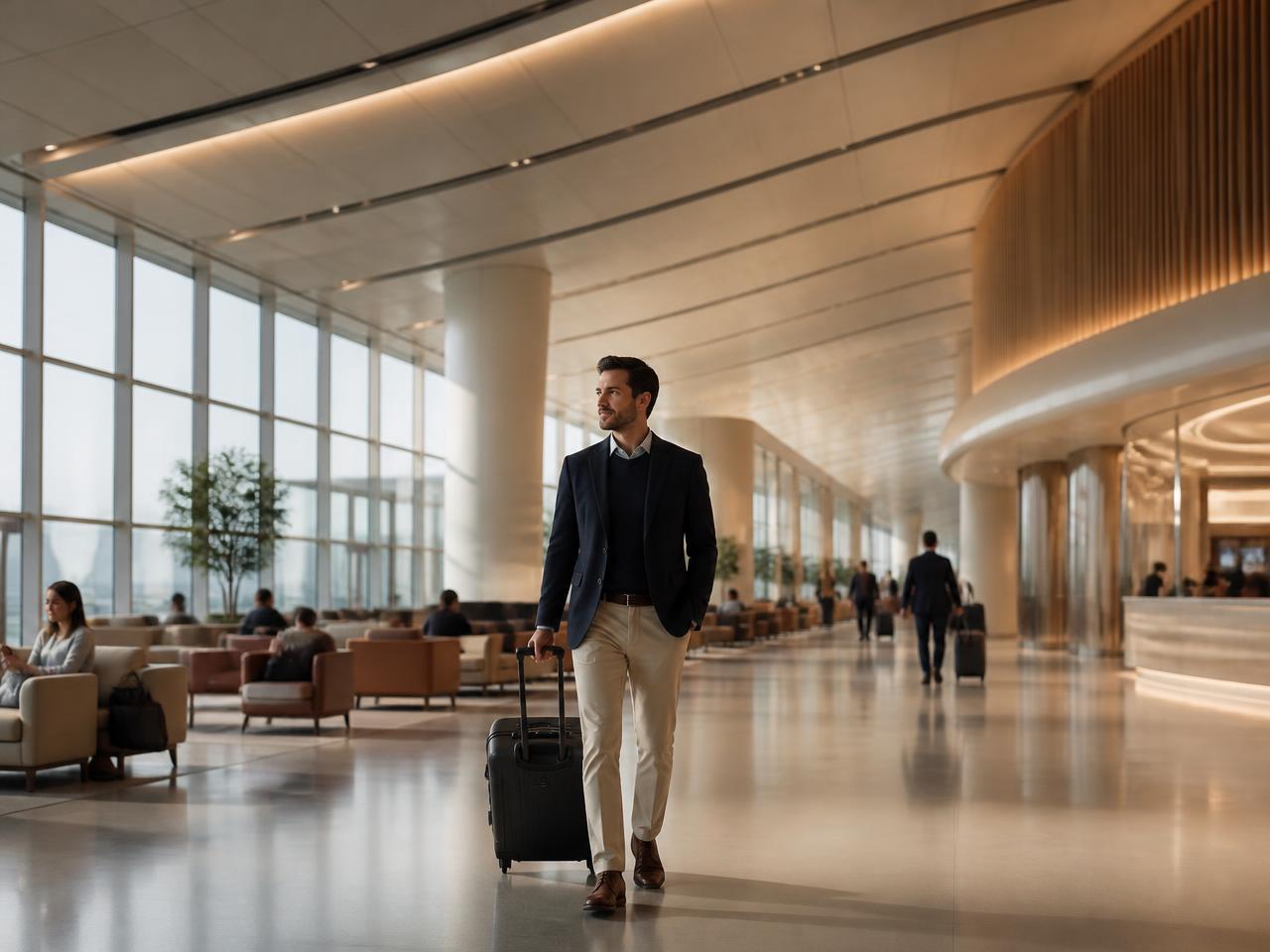 Traveler arriving in a calm, modern airport terminal