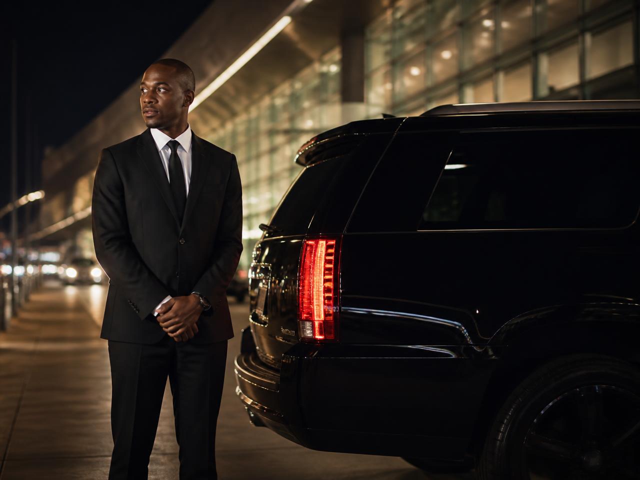 Professional driver waiting beside a black executive SUV at airport arrivals