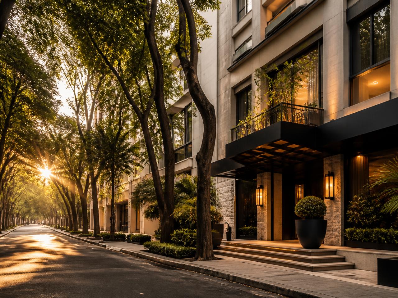 Upscale Polanco street in Mexico City at golden hour